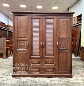 Tủ Quần Áo Gỗ Sồi Nga 4 Cánh Lau Màu Óc Chó Hiện Đại 