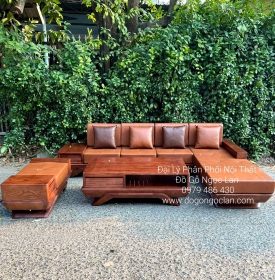 BÀN GHẾ SOFA GỖ SỒI NGA GÓC L MẪU THUYỀN 2M8X1M8 MÀU ÓC CHÓ 