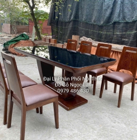 Bàn Ăn Gỗ Sồi Nga Chân Thuyền 8 Ghế Màu Óc Chó Sang Trọng