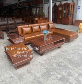 Sofa Gỗ Sồi Nga 2m85x1m8 Góc L Chân Thuyền Màu Óc Chó Nệm Da Cao Cấp - Hiện Đại