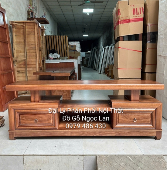 Kệ Ti Vi Gỗ Hương Xám Màu Óc Chó Kiểu Nhật 2 Ngăn Kéo Sang Trọng, Hiện Đại