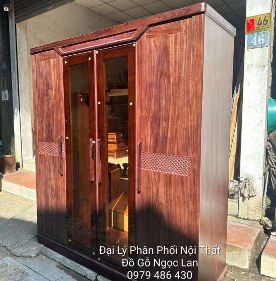 Tủ Áo 4 Cánh Gỗ Óc Chó Mẫu Thuyền Kết Hợp Cánh Kính Trà Sang Trọng 