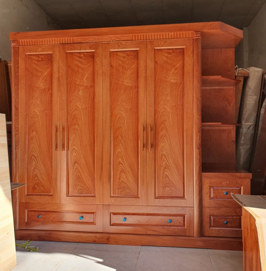 Tủ quần áo 4 cánh gỗ hương đá kèm kệ trang trí vế phải 