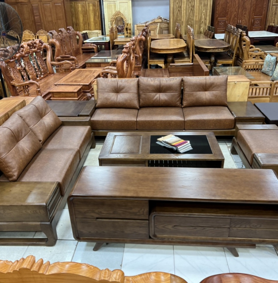 Bộ bàn ghế sofa 2 văng chân hươu gỗ sồi nga - màu óc chó 