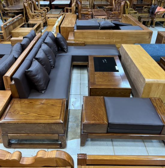 Bộ ghế sofa gỗ sồi nga lau màu óc chó kèm nệm hiện đại