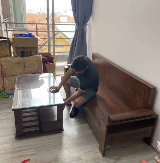 Bộ bàn ghế sofa gỗ sồi nga màu óc chó 2m x 1m8 - tựa liền 