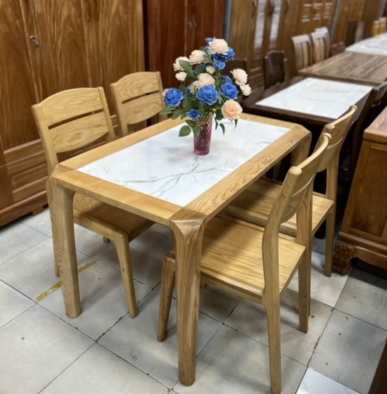 bộ bàn ăn gỗ sồi mặt đá 4 ghế hàng đẹp BA GS 07