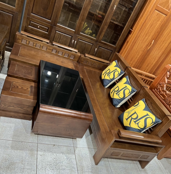 Bàn ghế sofa gỗ sồi nga góc L hiện đại 2m8x1m8 - nệm da 