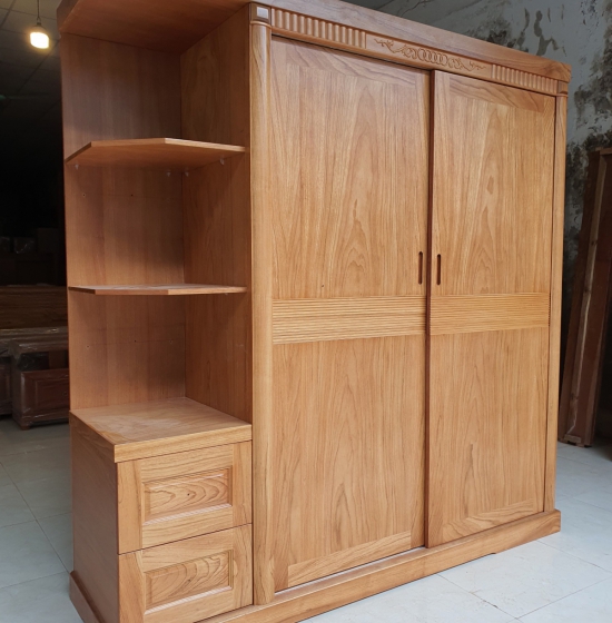 Tủ quần áo gỗ Gõ 4 cánh mẫu nhật - kèm kệ trang trí