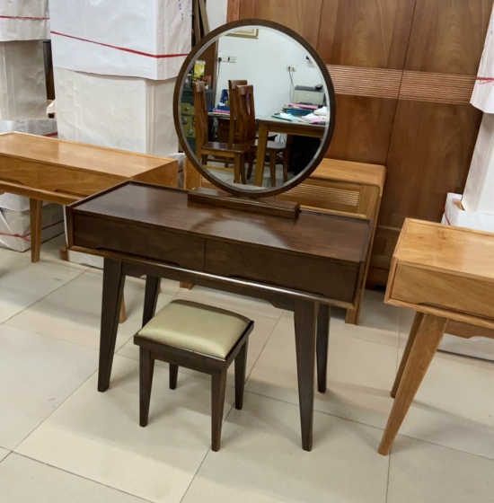 Bàn trang điểm gỗ sồi màu óc chó gương tròn - cao cấp