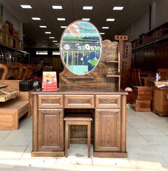 Bàn trang điểm gỗ sồi màu óc chó - gương hộp - hiện đại 