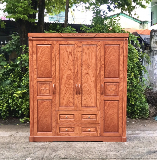 Tủ quần áo 4 cánh gỗ hương đá mẫu hoa thị T HD 15