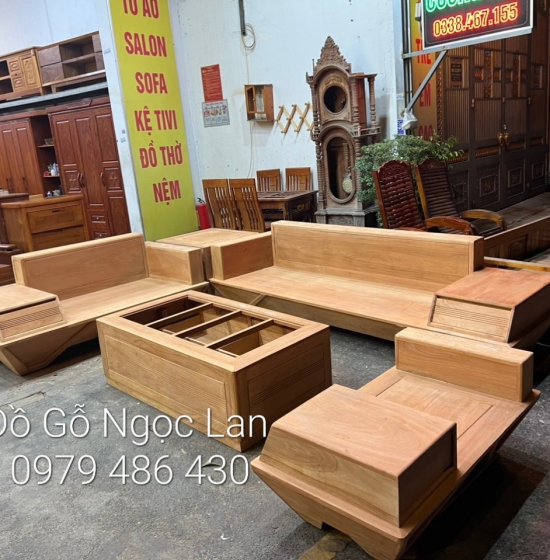 Bộ ghế sofa gỗ hương vàng cao cấp mẫu 2 văng thuyền kèm nệm 