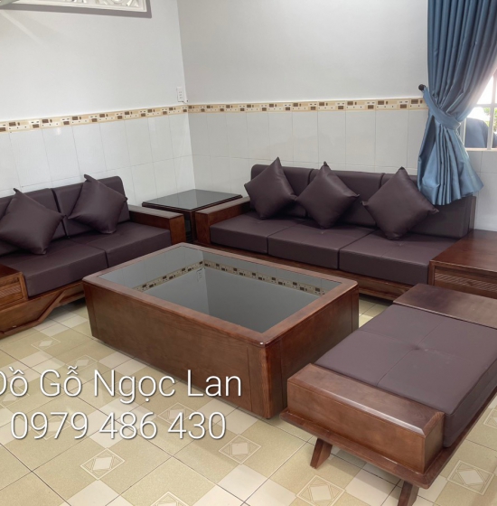 Bộ bàn ghế sofa 2 văng thuyền gỗ sồi nga lau màu óc chó kèm nệm 