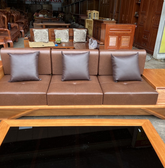 Bộ bàn ghế sofa gỗ hương vàng cao cấp - mẫu 2 văng thuyền kèm nệm 