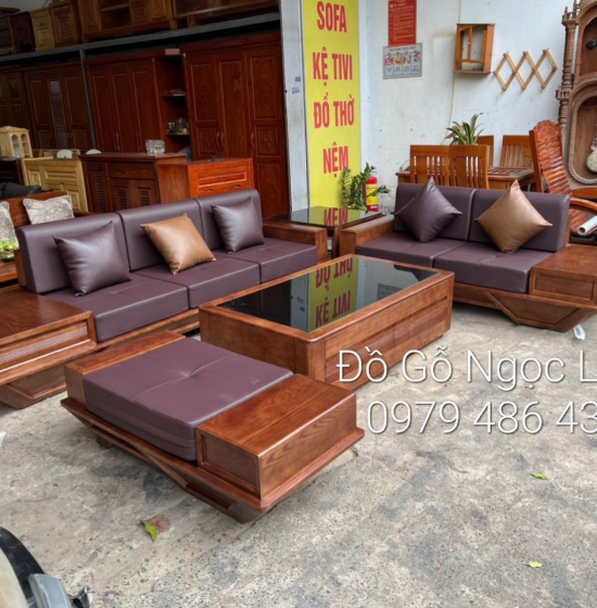 Bộ bàn ghế sofa gỗ sồi nga lau màu óc chó - 2 văng thuyền - kèm nệm