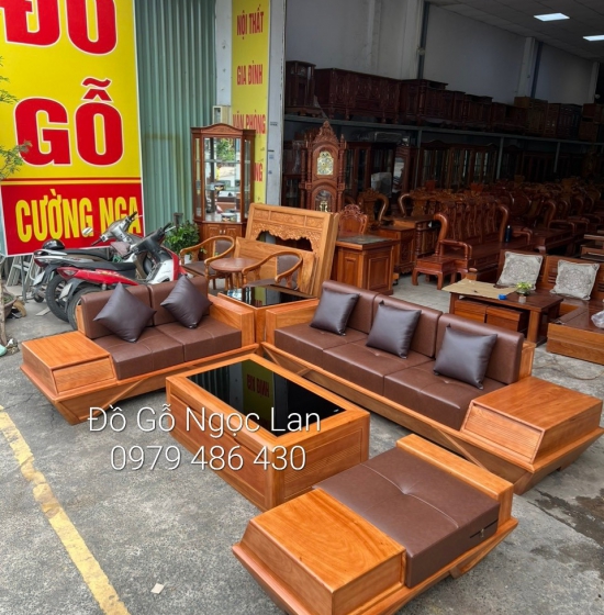 Bộ bàn ghế sofa gỗ hương vàng cao cấp - mẫu 2 văng thuyền kèm nệm 