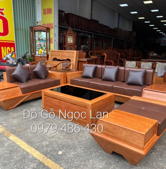 Bộ bàn ghế sofa gỗ hương vàng cao cấp - mẫu 2 văng thuyền kèm nệm 