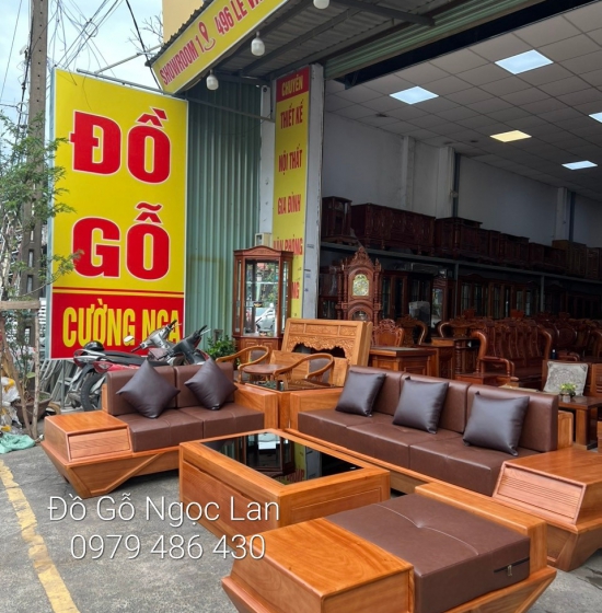 Bộ bàn ghế sofa gỗ hương vàng cao cấp - mẫu 2 văng thuyền kèm nệm 