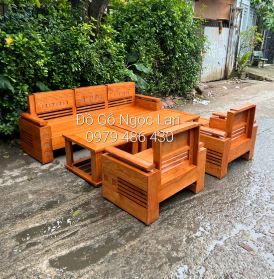 Bộ bàn ghế sofa gỗ sồi nga - đối trứng 7 món màu xoan 