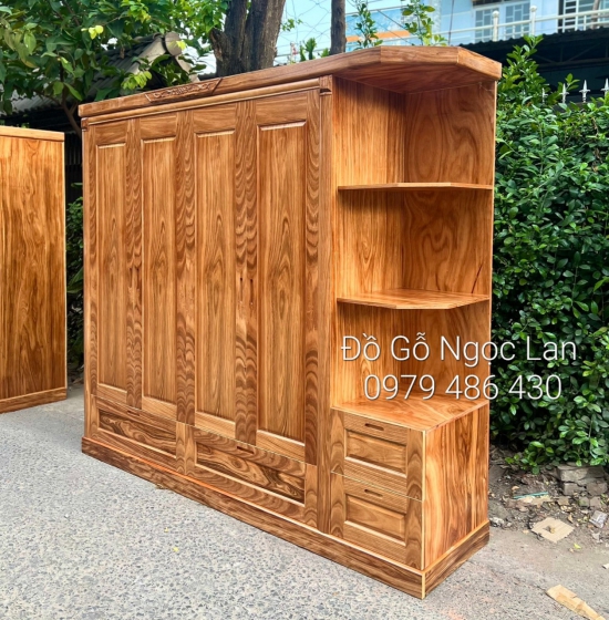 Tủ quần áo gỗ hương xám 4 cánh kèm kệ trang trí vế phải 