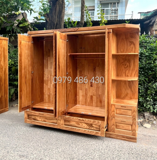 Tủ quần áo gỗ hương xám 4 cánh kèm kệ trang trí vế phải 