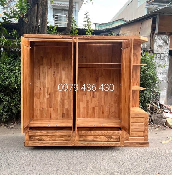 Tủ quần áo gỗ hương xám 4 cánh kèm kệ trang trí vế phải 