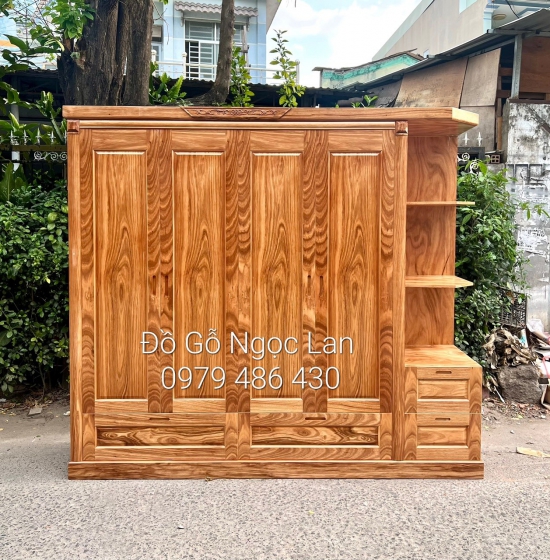 Tủ quần áo gỗ hương xám 4 cánh kèm kệ trang trí vế phải 