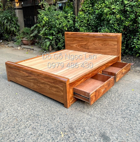 Giường ngủ 2 ngăn kéo gỗ hương xám vạt nan - hiện đại ,  giá rẻ