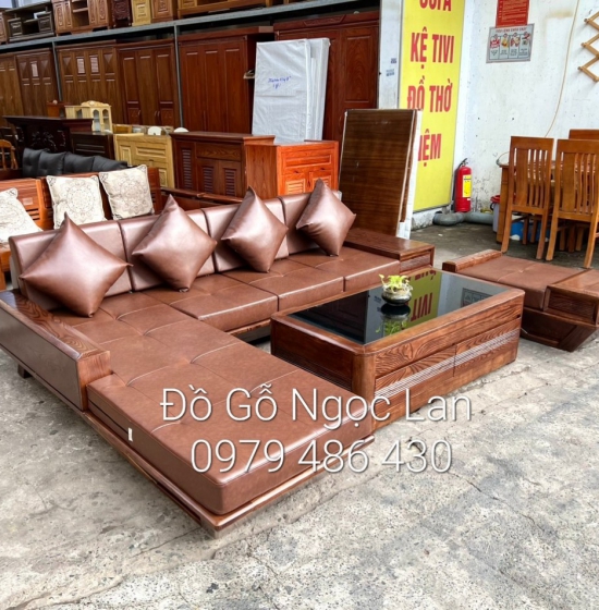 Bộ bàn ghế sofa gỗ sồi nga lau màu óc chó  2 văng thuyền  kèm nệm - hiện đại 
