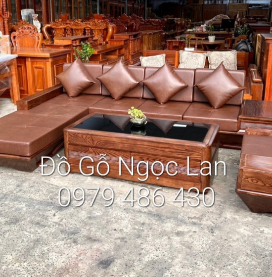 Bộ bàn ghế sofa gỗ sồi nga lau màu óc chó  2 văng thuyền  kèm nệm - hiện đại 