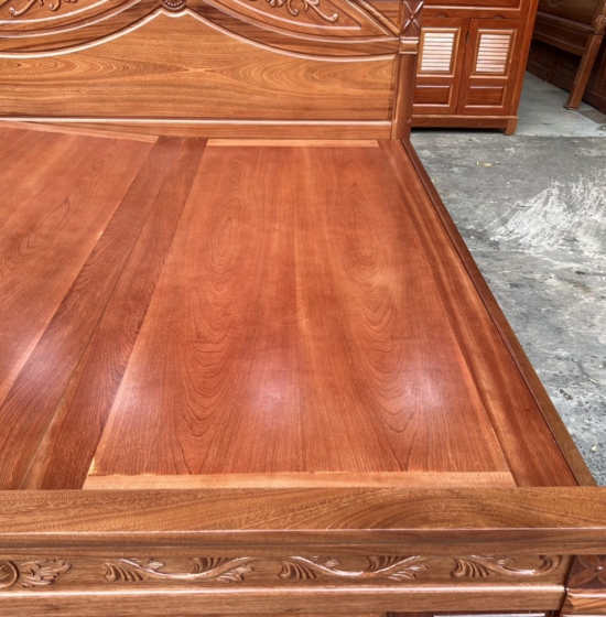 Giường ngủ gỗ xoan đào vạt phản liền - mẫu hoa lá tây 