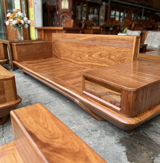 Bộ bàn ghế sofa gỗ hương vàng  - mẫu 2 văng thuyền kèm nệm cao cấp - sang trọng 