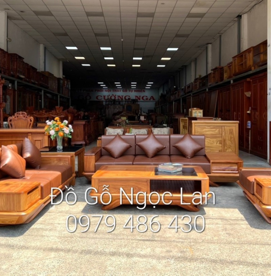 Bộ bàn ghế sofa gỗ hương vàng  - mẫu 2 văng thuyền kèm nệm cao cấp - sang trọng 