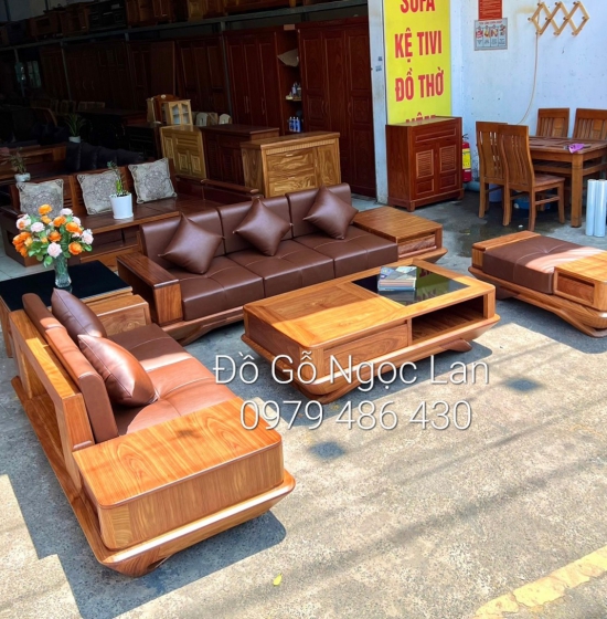 Bộ bàn ghế sofa gỗ hương vàng  - mẫu 2 văng thuyền kèm nệm cao cấp - sang trọng 