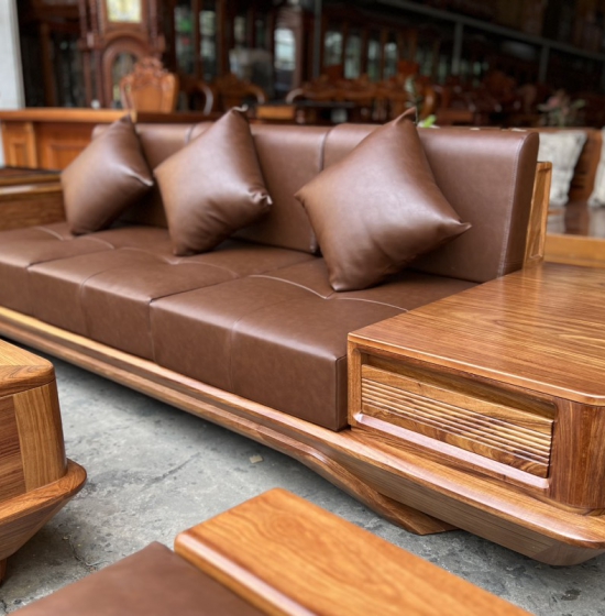 Bộ bàn ghế sofa gỗ hương vàng  - mẫu 2 văng thuyền kèm nệm cao cấp - sang trọng 