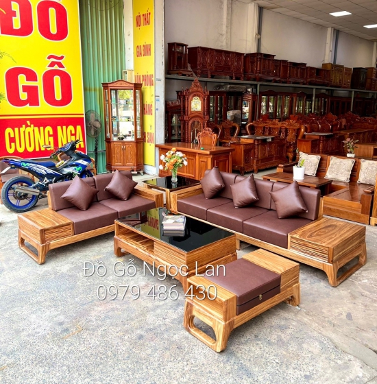 Bàn ghế sofa gỗ hương xám cao cấp - 2 văng kèm nệm 
