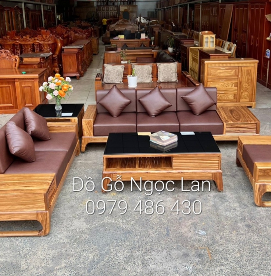 Bàn ghế sofa gỗ hương xám cao cấp - 2 văng kèm nệm 