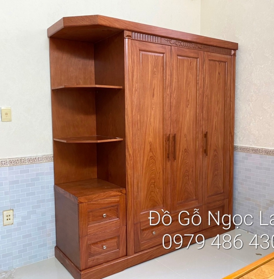 Tủ quần áo gỗ hương đá 3 cánh kèm kệ trang trí 1m9 - vế trái 