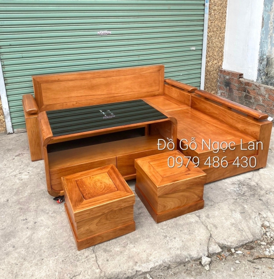 Ghế sofa Góc L Gỗ Sồi Nga Lau Màu Gõ Đỏ 2m x 1m8 - Bàn Hiện Đại 