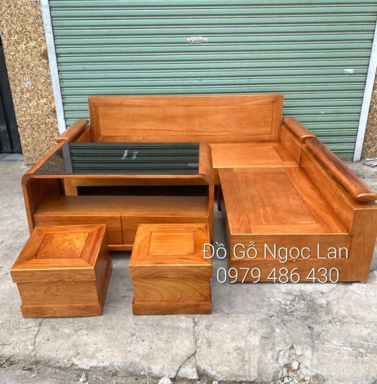 Ghế sofa Góc L Gỗ Sồi Nga Lau Màu Gõ Đỏ 2m x 1m8 - Bàn Hiện Đại 