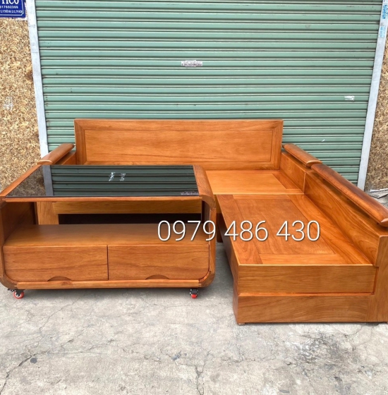 Ghế sofa Góc L Gỗ Sồi Nga Lau Màu Gõ Đỏ 2m x 1m8 - Bàn Hiện Đại 