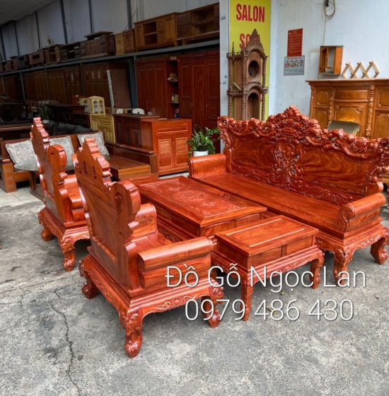 Bộ Salon Gỗ Hương Đá Chạm Hoàng Gia Tay 12 Cao Cấp 