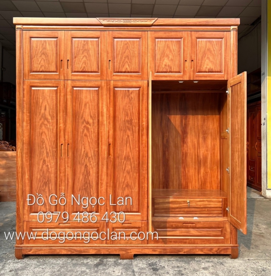 TỦ QUẦN ÁO GỖ CẨM VÂN 5 CÁNH 2 TẦNG - KÉT ÂM - HIỆN ĐẠI 