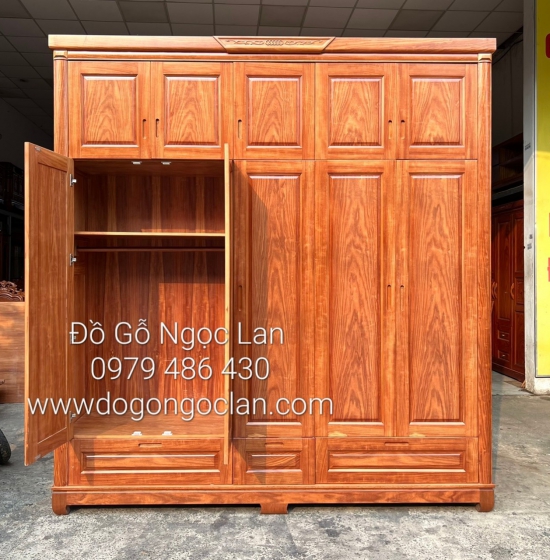 Tủ Quần Áo Gỗ Cẩm 5 Cánh 2 Tầng 