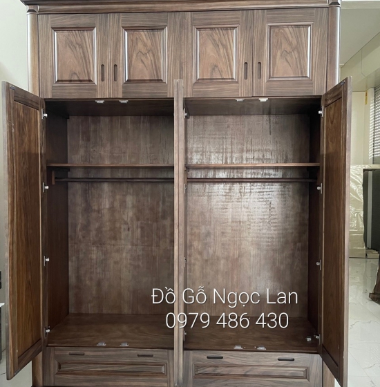 Tủ quần áo 4 cánh 2 tầng gỗ  óc chó cao cấp - hiện đại 