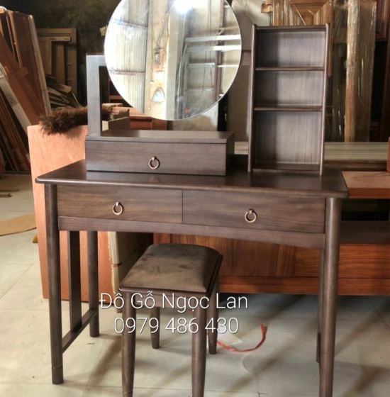 Bàn trang điểm gỗ hương xám màu óc chó gương tròn 1m hiện đại 