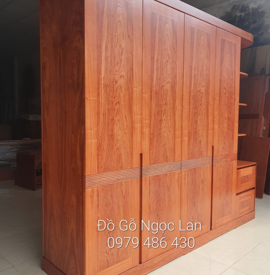 Tủ Quần Áo 4 Cánh Gỗ Hương Đá Kèm Góc Trang Trí Vế Phải 