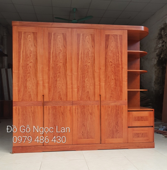 Tủ Quần Áo 4 Cánh Gỗ Hương Đá Kèm Góc Trang Trí Vế Phải 