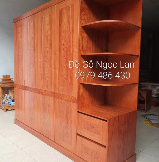 Tủ Quần Áo 4 Cánh Gỗ Hương Đá Kèm Góc Trang Trí Vế Phải 